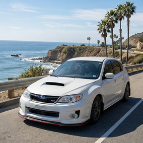 Low angle view showing the aggressive ground clearance and red sport trim of the STI front lip
