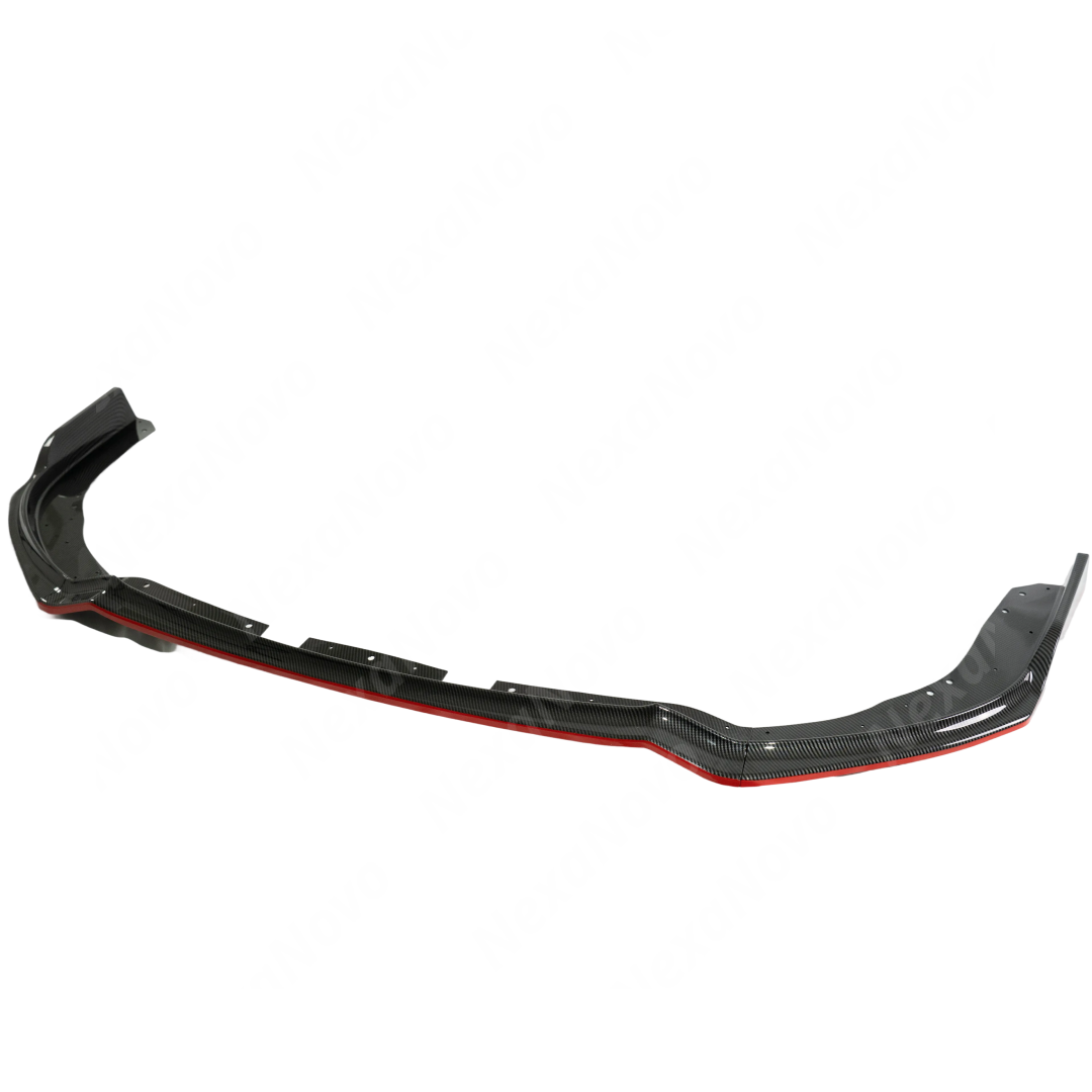 Standalone view of the uninstalled carbon fiber print front bumper splitter with red pinstripe