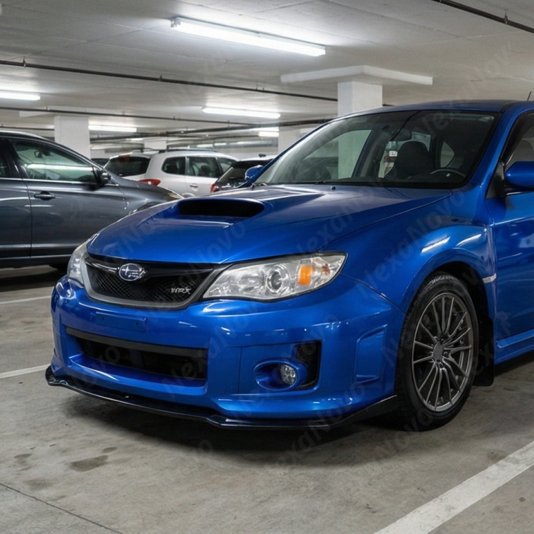 Close-up of the mirror-like gloss black finish on the 2011-2014 Subaru STI front lip