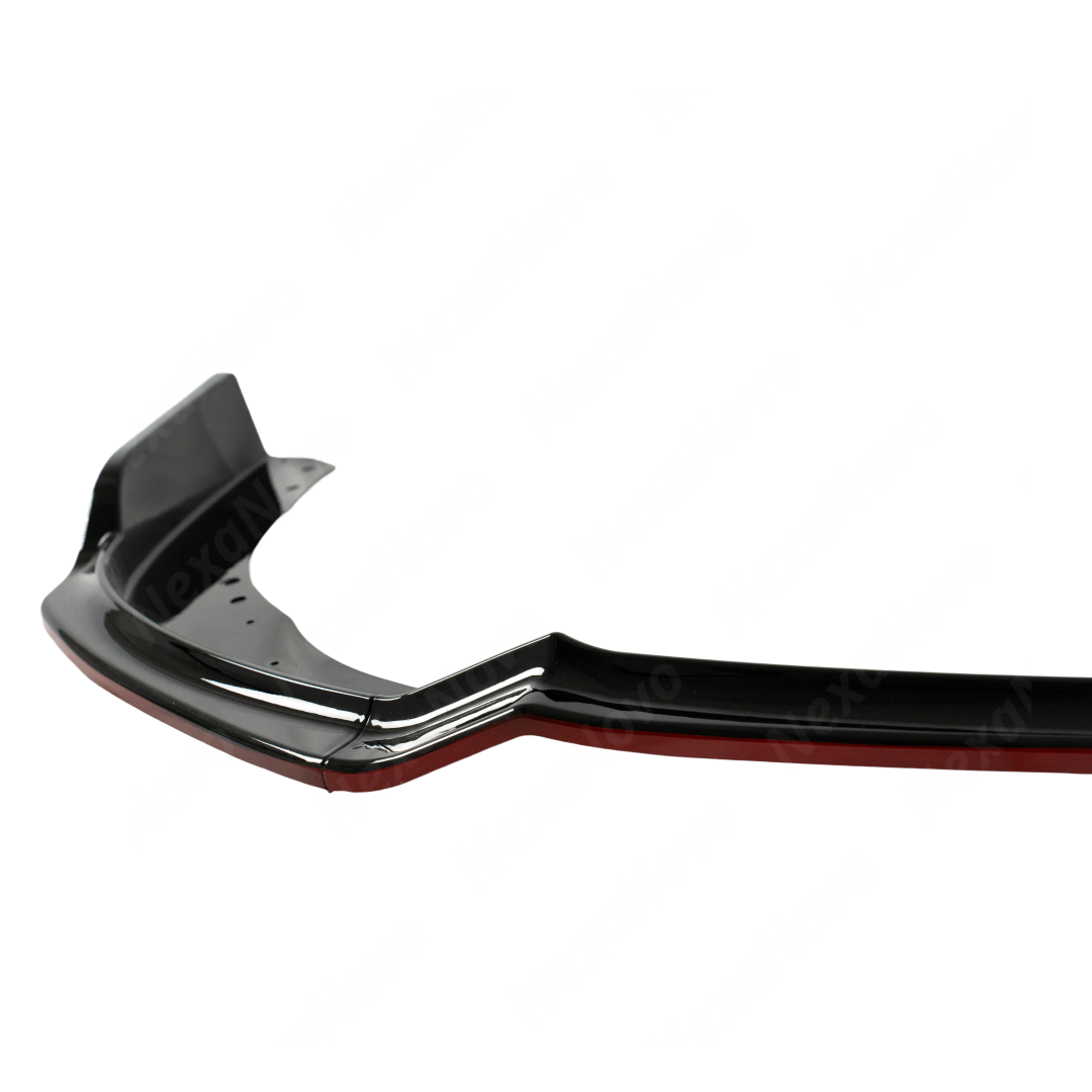 Detailed shot of the vibrant red pinstripe on the 2013 STI gloss black front splitter