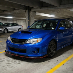 Classic World Rally Blue Subaru STI featuring the gloss black and red trim front lip