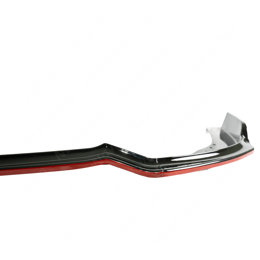 Standalone view of the uninstalled gloss black front bumper splitter with red pinstripe