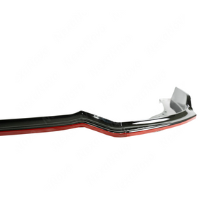 Standalone view of the uninstalled gloss black front bumper splitter with red pinstripe