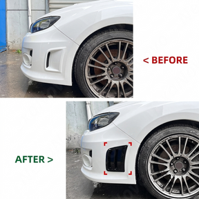 The completed high-performance front-end look of a Subaru WRX STI with new side vents