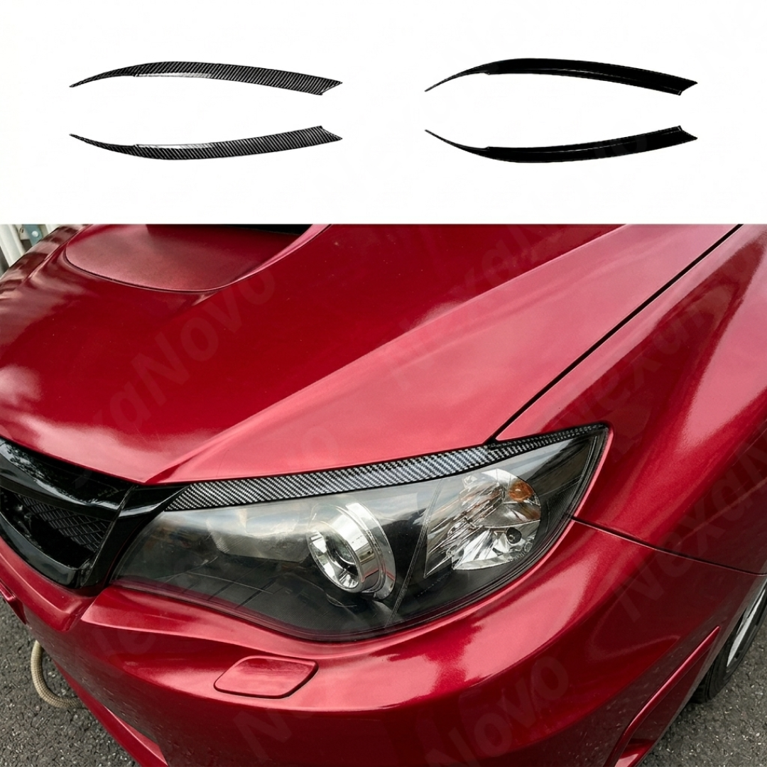 Aggressive carbon print headlight accent trim installed on a 2012 Subaru WRX STI