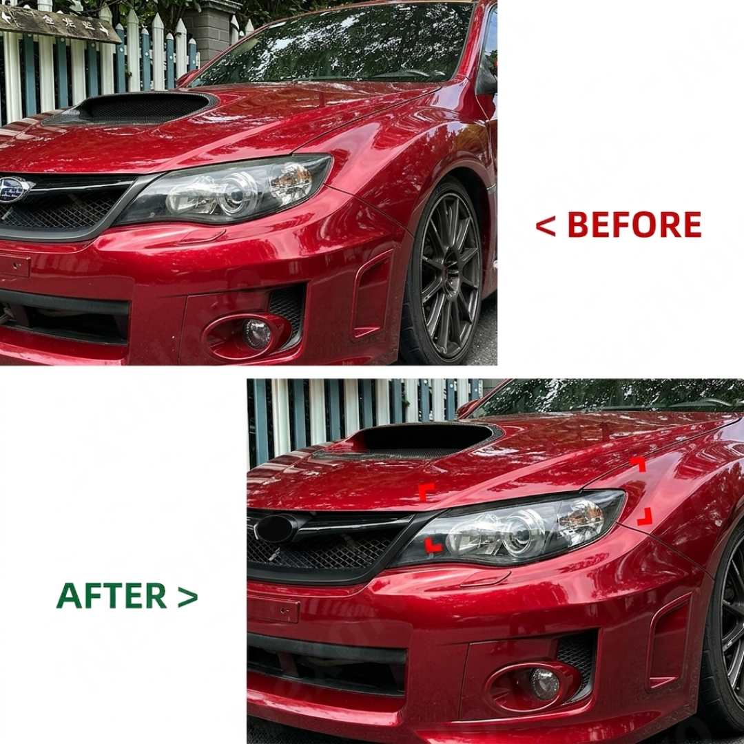 The completed high-performance front-end aesthetic of a Subaru WRX STI with new eyelids