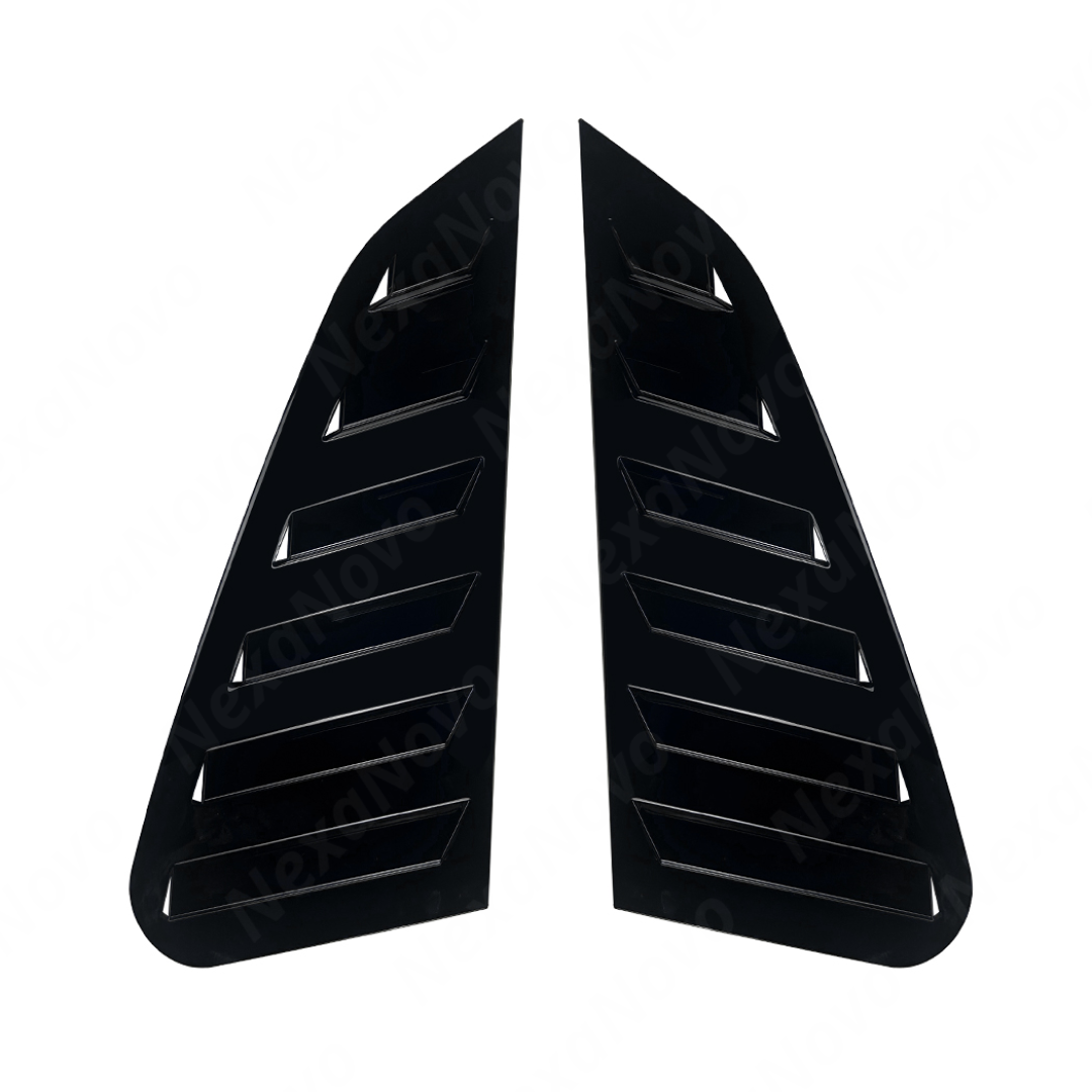 Close-up of the aggressive triple-slat vent design on the GV WRX gloss black window louvers