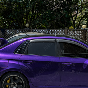 Direct side profile of the gloss black rear quarter window louvers for 2008-2014 Subaru WRX sedan