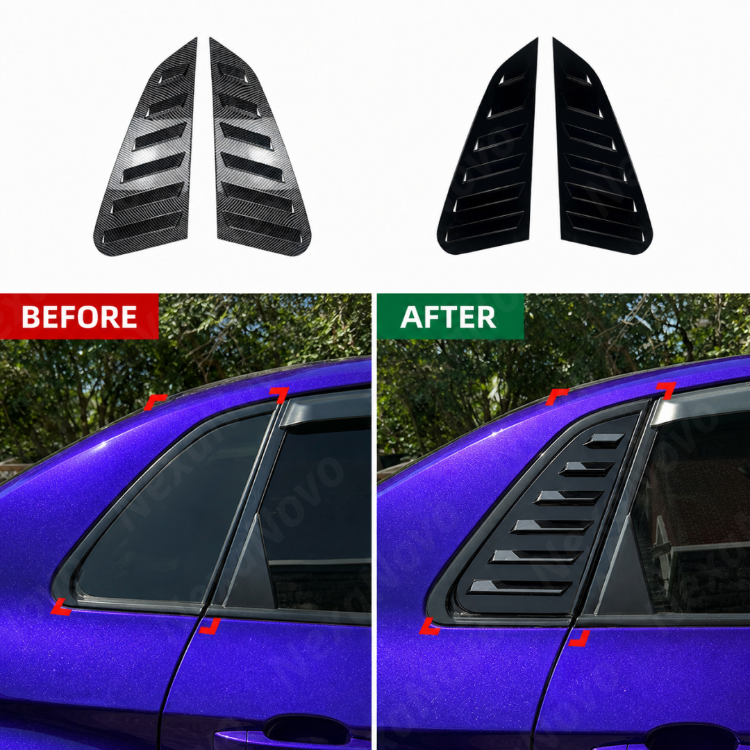 The completed performance aesthetic of a Subaru WRX GV featuring window louvers