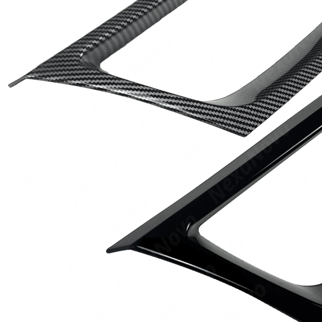 Visual comparison between gloss black and carbon print front grill overlays for the 9th Gen WRX