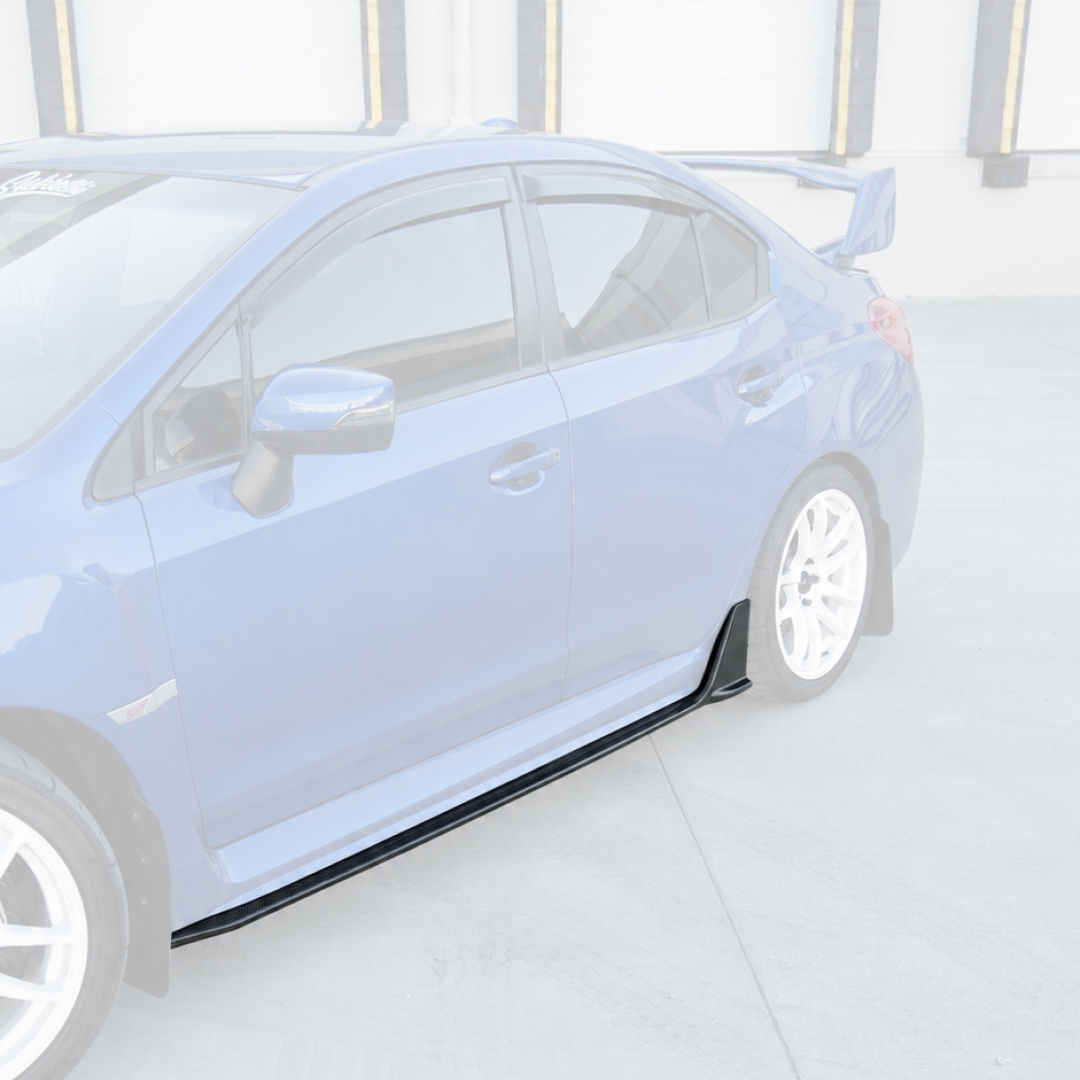 Direct side profile view of the carbon fiber aerodynamic side rockers for 2015-2021 Subaru WRX