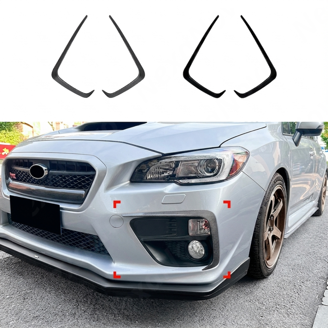 Sporty carbon fiber print bezels providing a race-inspired look on a Silver Subaru WRX VA