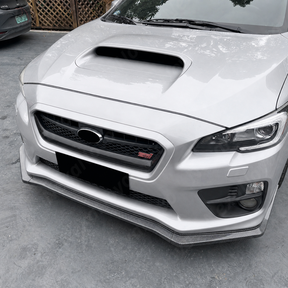 Aggressive carbon print JDM style front lip installed on a 2017 Subaru WRX STI