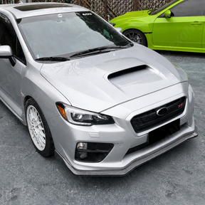 Sporty carbon fiber print JDM lip providing a race-inspired look on a Silver Subaru VA
