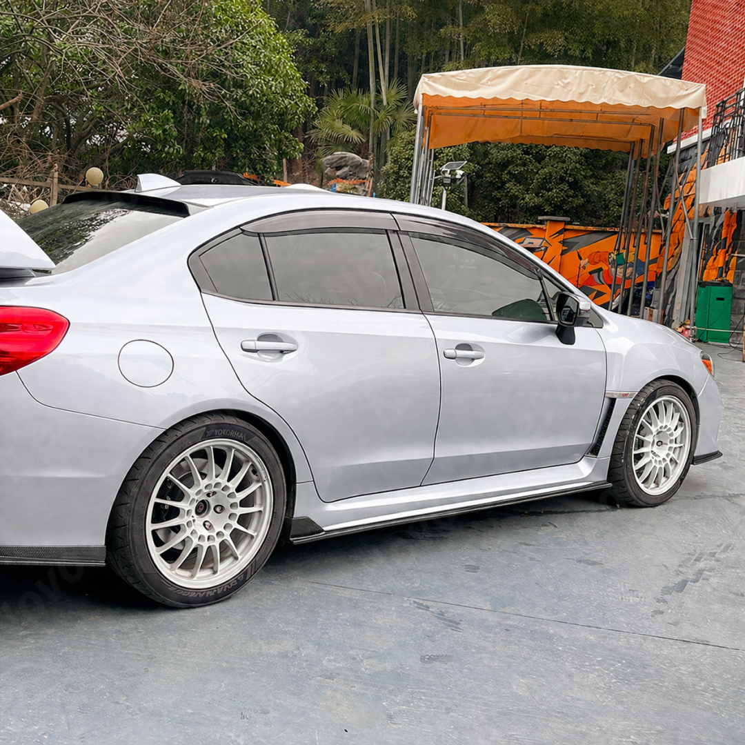 Side perspective highlighting the aerodynamic profile of the carbon print JDM side skirt set