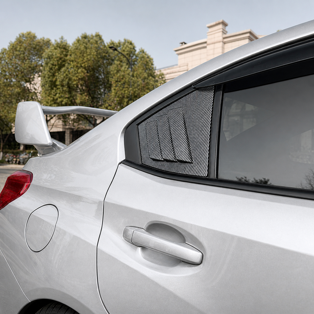 Aggressive carbon print rear side window louvers installed on a 2017 Subaru WRX STI