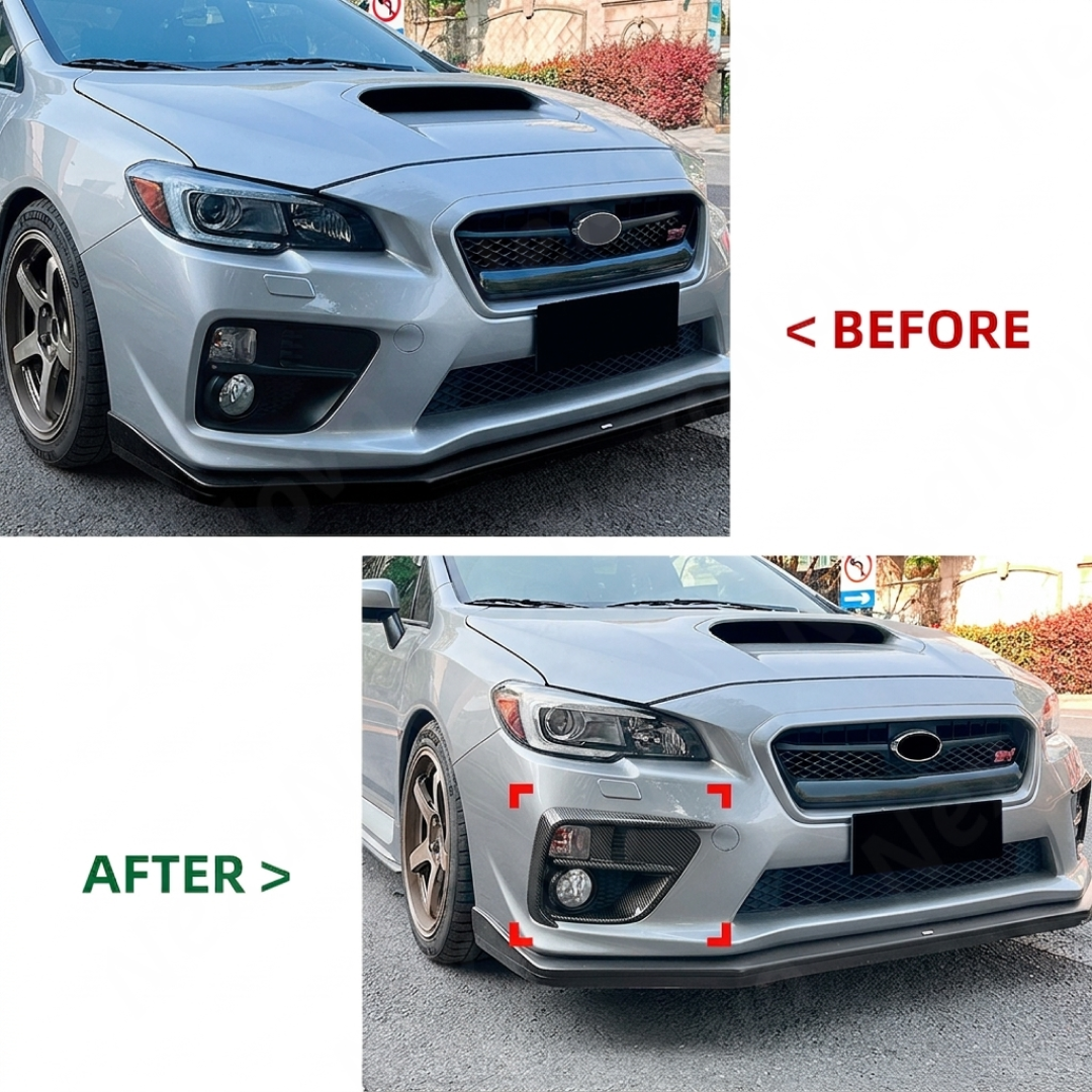 The completed high-performance front-end aesthetic of a Subaru WRX VA with fog light overlays