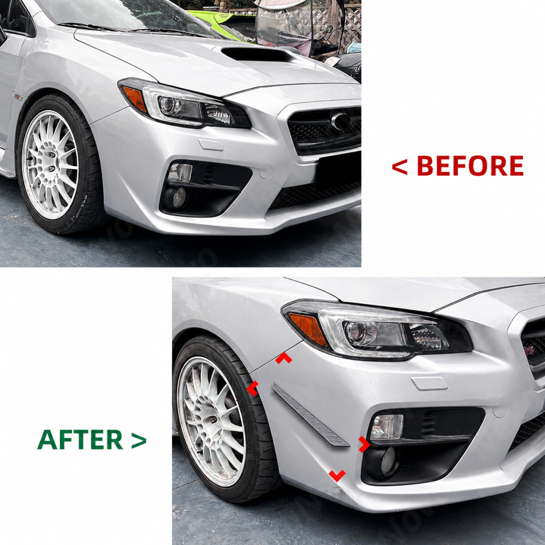The completed track-ready front-end aesthetic of a Subaru VA with integrated aero canards
