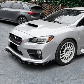 Gloss black JDM style front lip spoiler installed on a 2018 Subaru WRX STI VA
