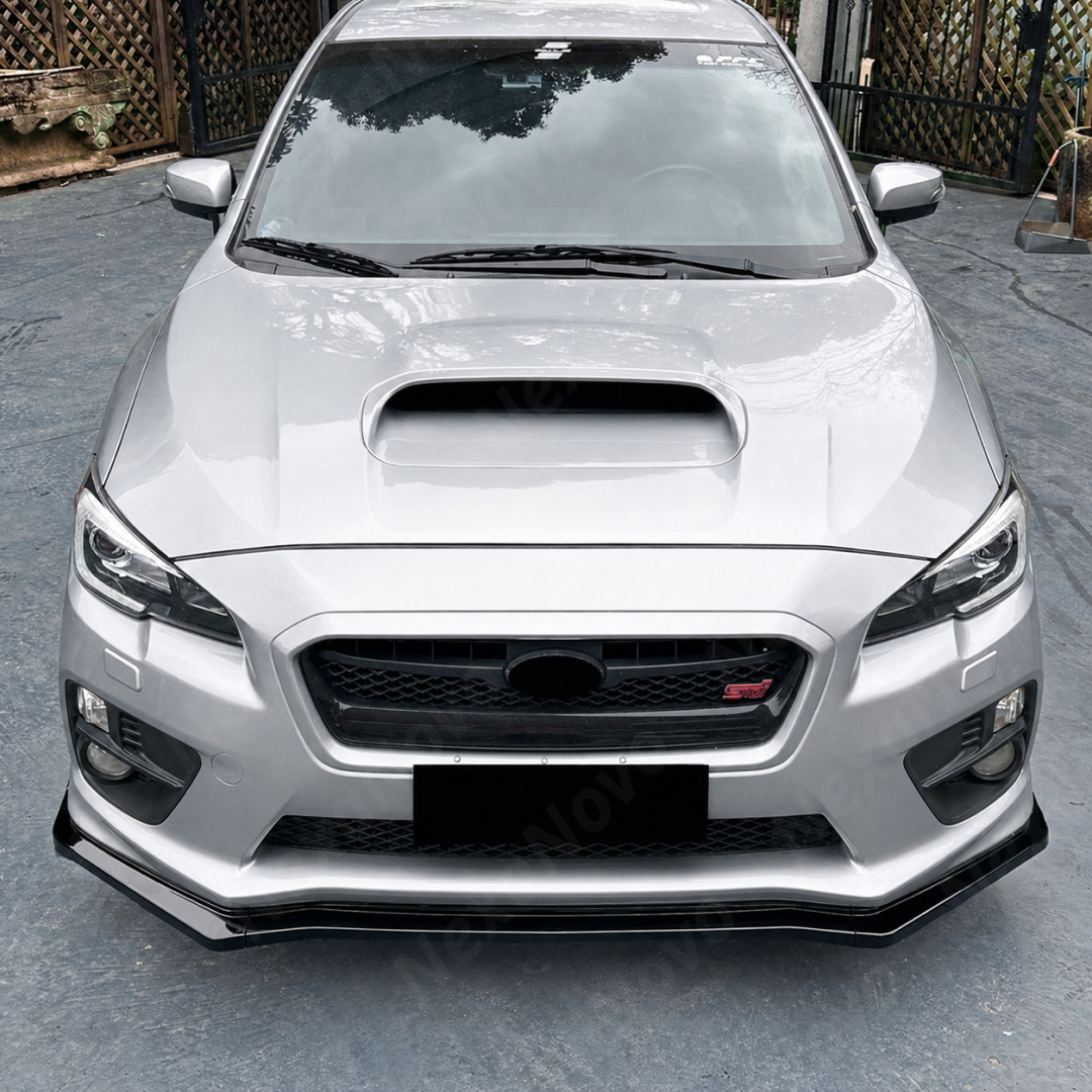 Direct front-facing view of the gloss black JDM front bumper lip for 2015-2021 Subaru WRX