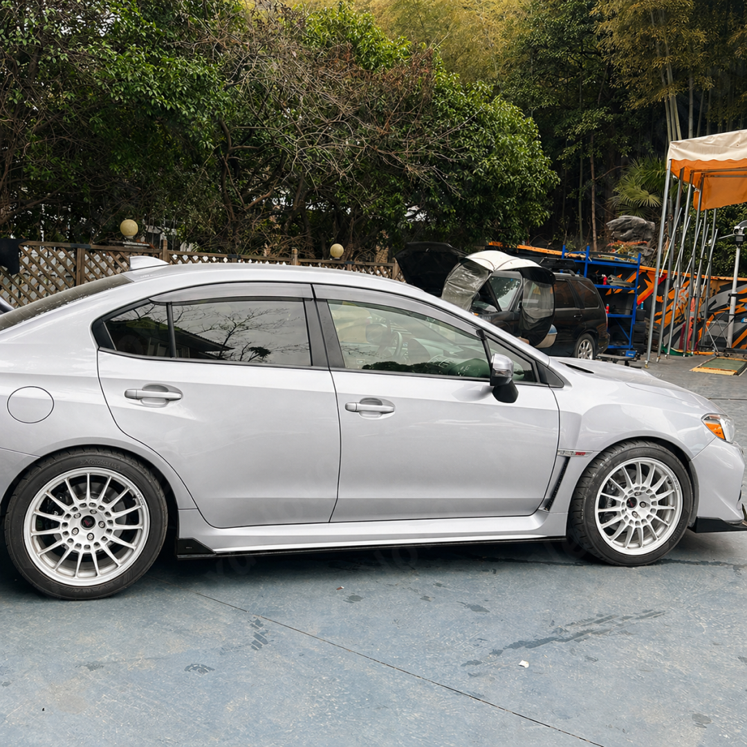 Direct side profile of the gloss black aerodynamic side rockers for 2015-2021 Subaru WRX