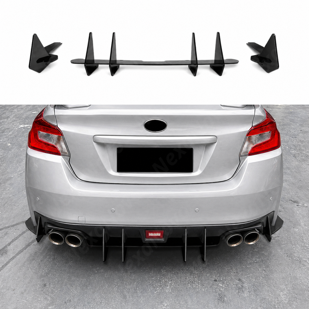 Rear-facing view of the gloss black aerodynamic shark fins for 2015-2021 Subaru WRX