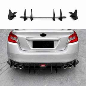 Rear-facing view of the gloss black aerodynamic shark fins for 2015-2021 Subaru WRX