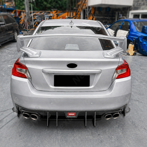 Direct rear-facing view of the gloss black aerodynamic shark fins for 2015-2021 Subaru WRX