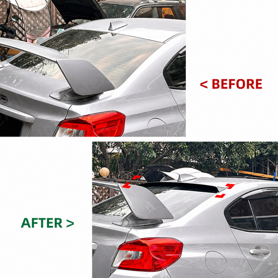 Gloss black roof visor providing a sporty contrast on a Silver Subaru STI