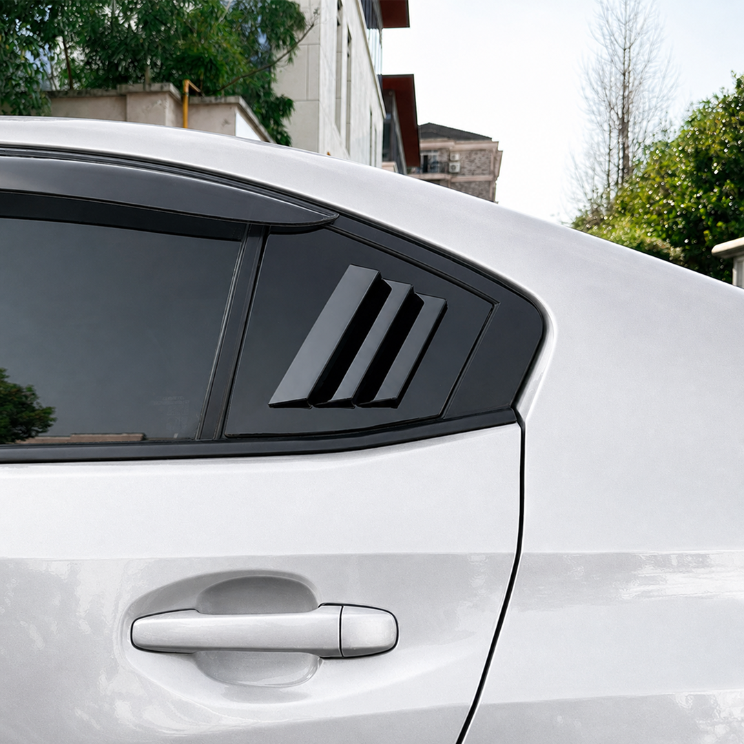 Direct side profile of the gloss black rear quarter window louvers for 2015-2021 Subaru WRX