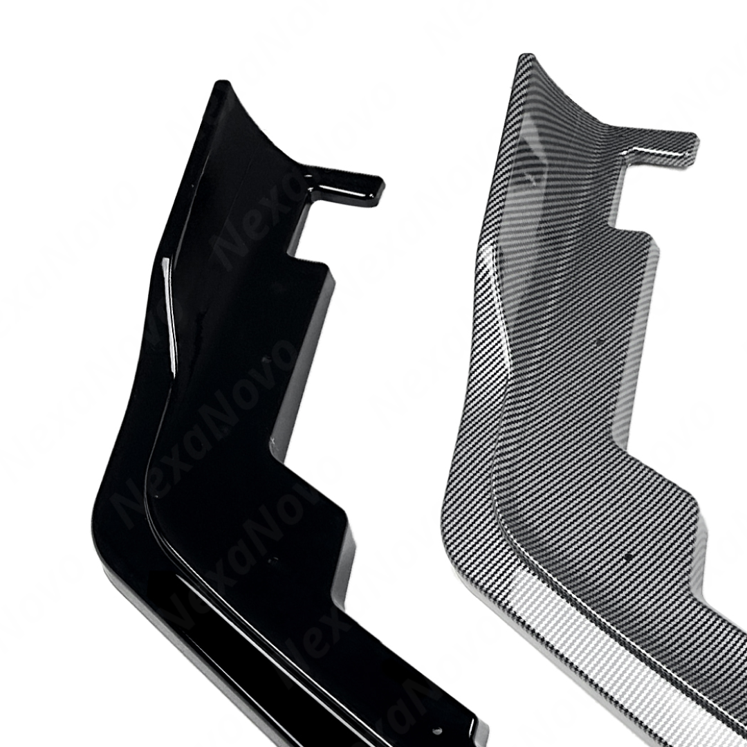 Visual comparison between gloss black and carbon print JDM style front lips for WRX VA