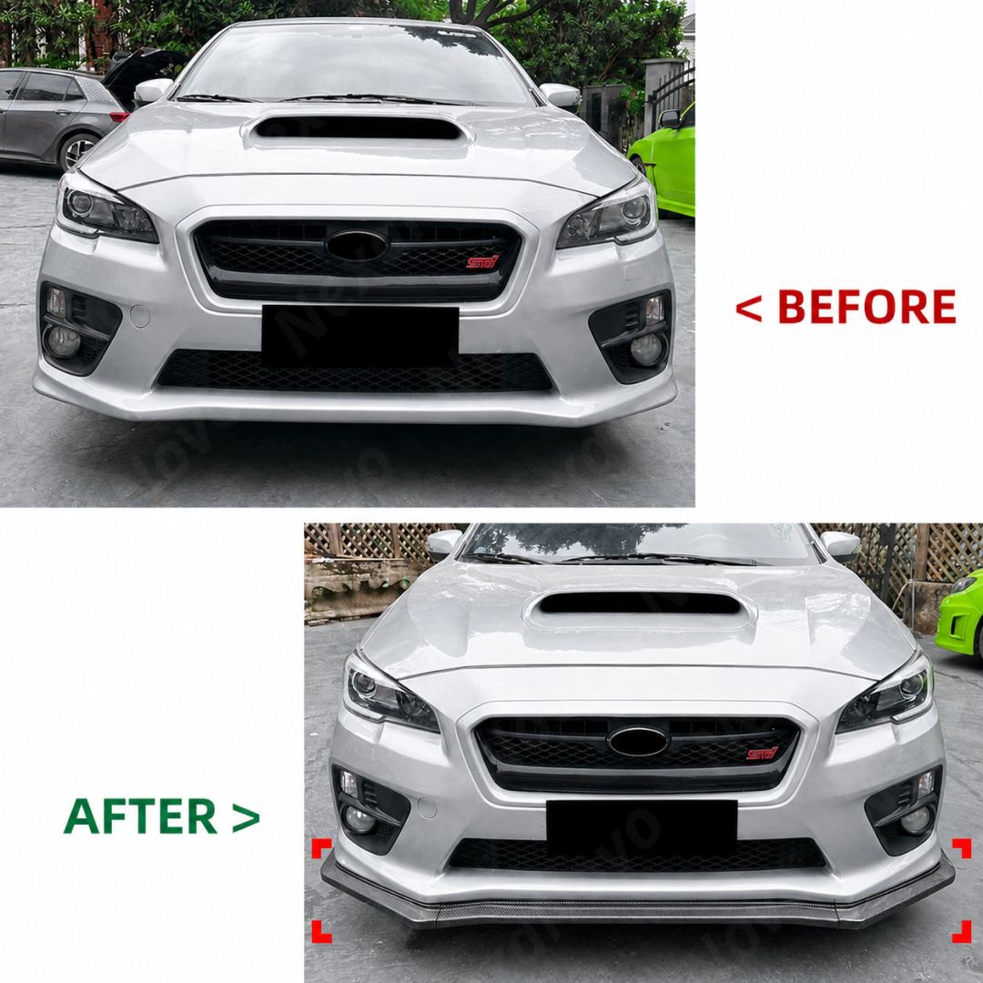 The completed "mean" front-end aesthetic of a Subaru VA featuring a JDM style lip and matching grille