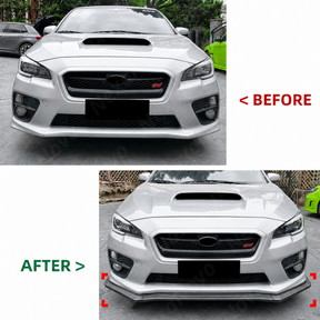 The completed "mean" front-end aesthetic of a Subaru VA featuring a JDM style lip and matching grille