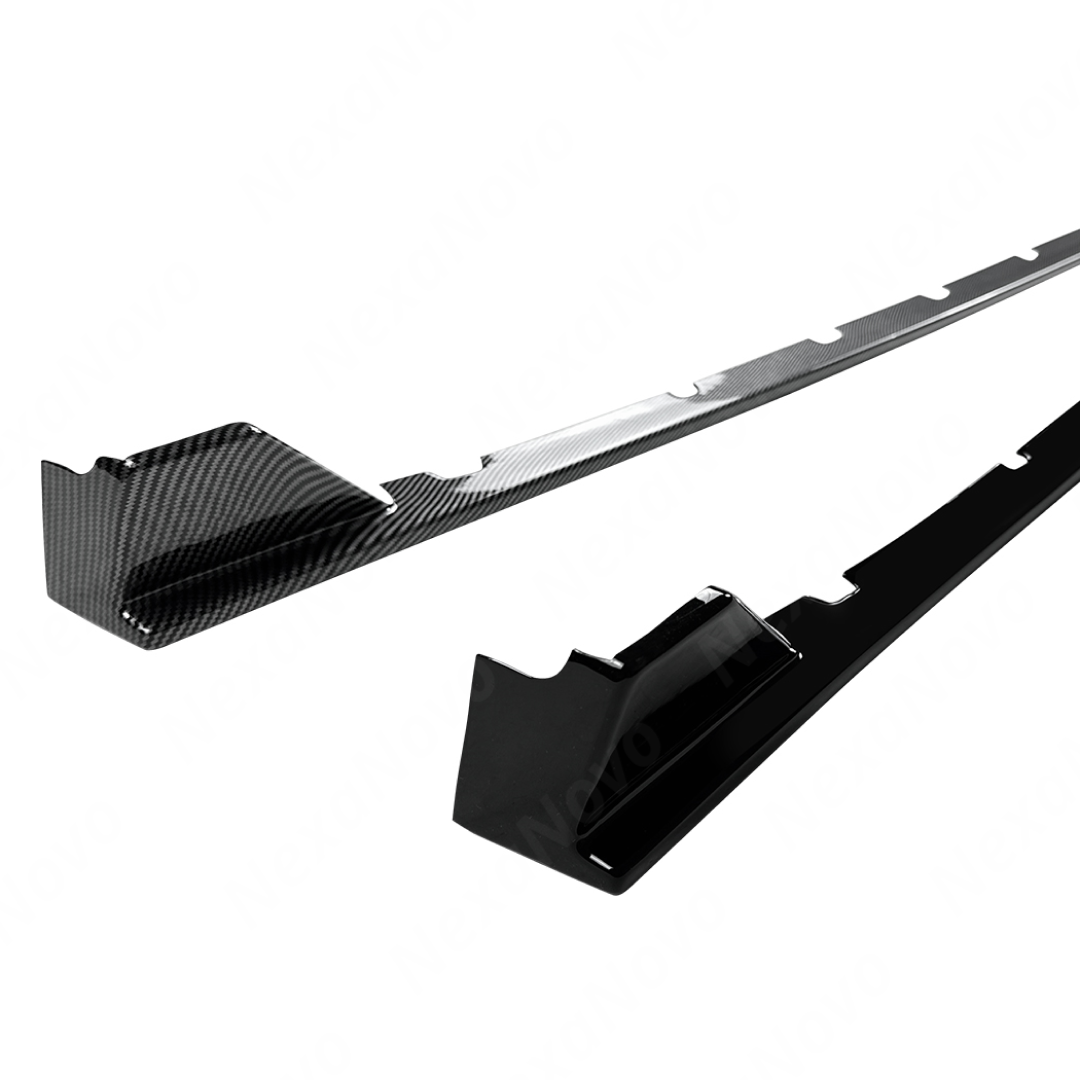 Visual comparison between gloss black and carbon print JDM style side skirts for WRX VA