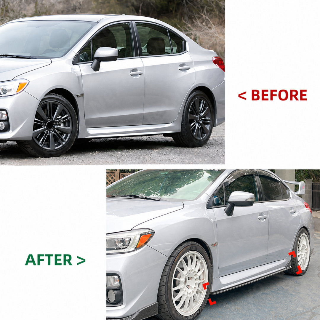 The completed high-performance profile of a Subaru VA featuring JDM style side skirts and front lip