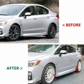 The completed high-performance profile of a Subaru VA featuring JDM style side skirts and front lip