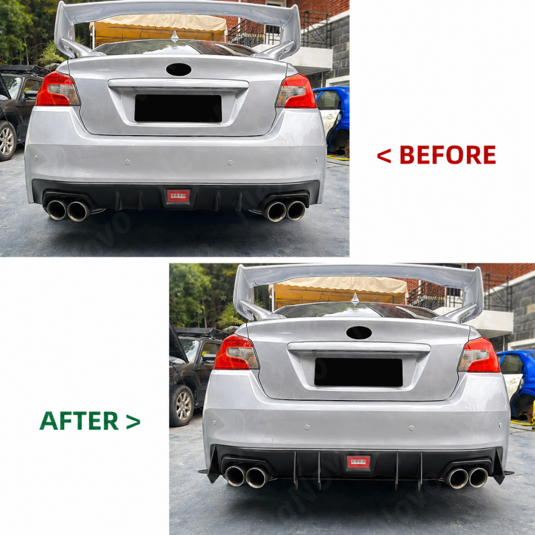 Visual comparison of the flat stock VA bumper vs. the aggressive shark fin upgrade