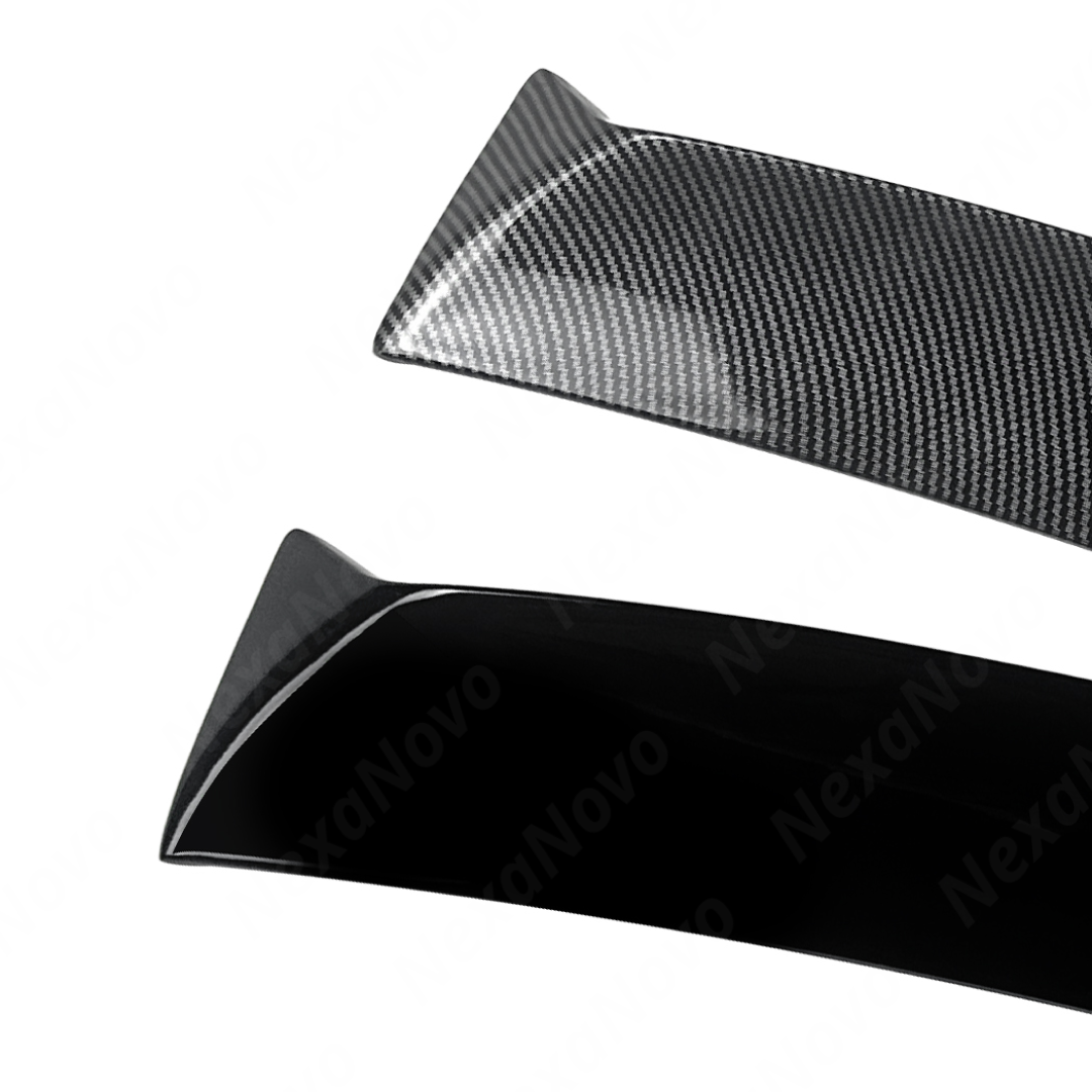 Visual comparison between gloss black and carbon print rear window visors for WRX VA