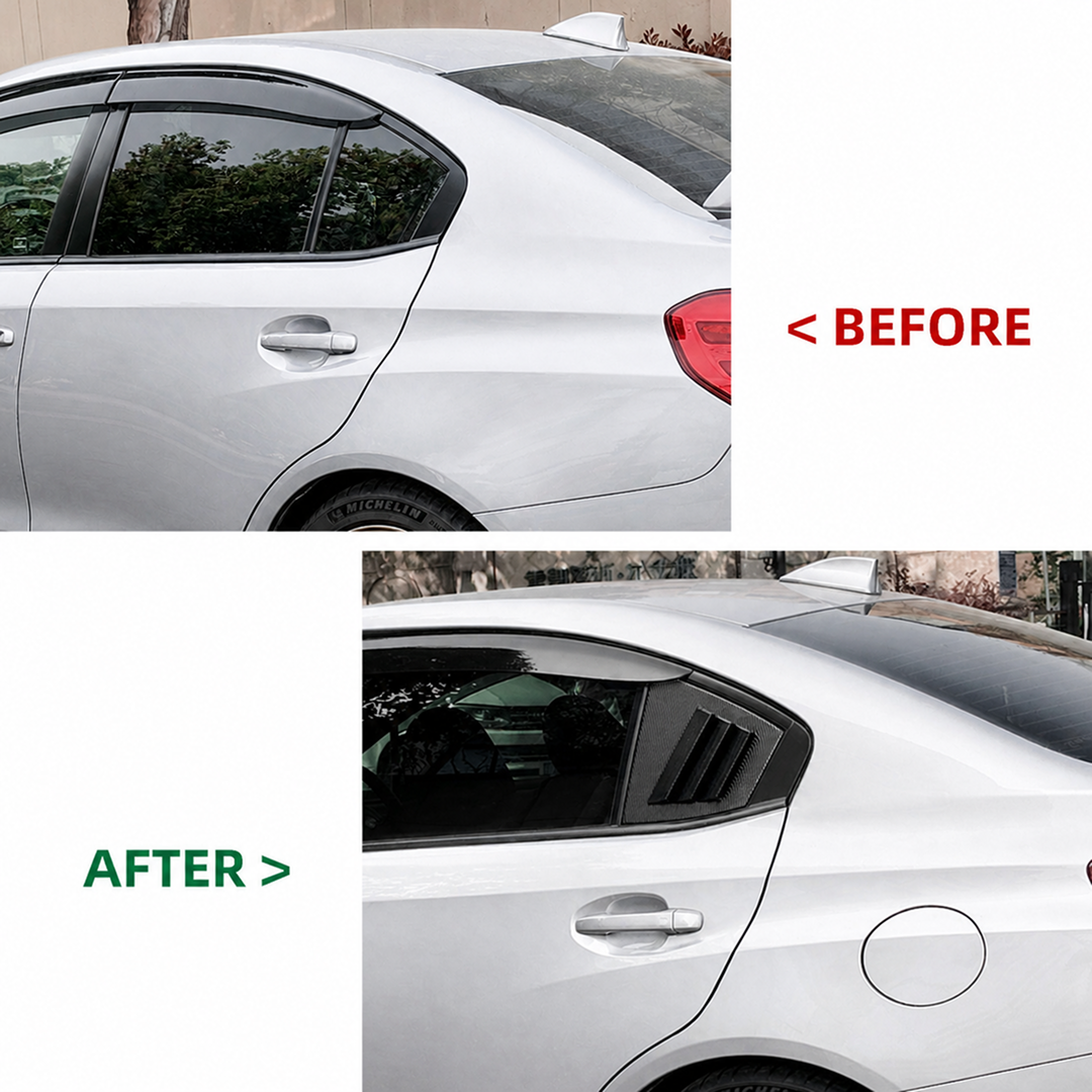 The completed performance aesthetic of a Subaru VA featuring window louvers and a matching rear visor