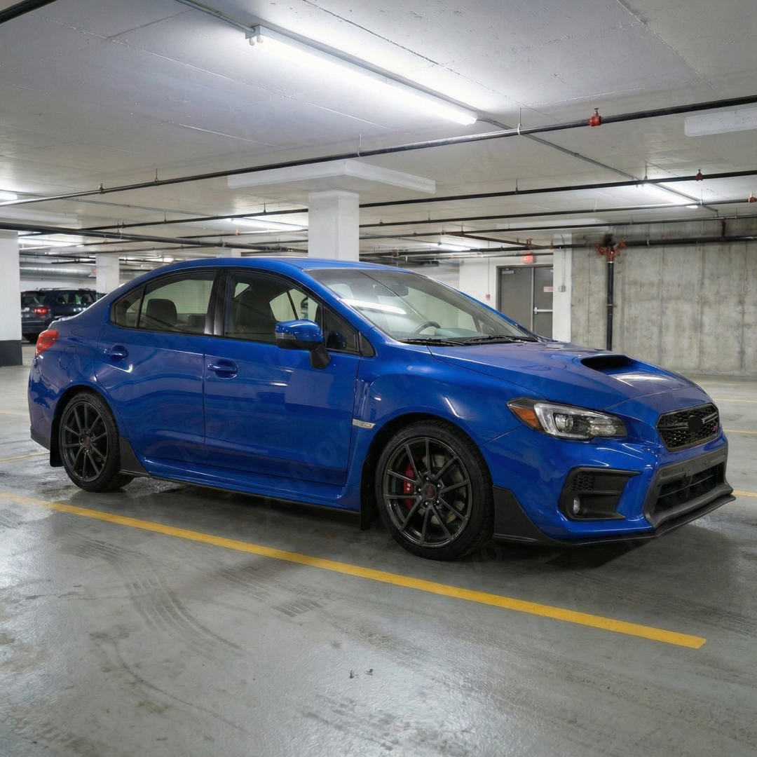 NexaNovo black side skirt splitter with aerodynamic winglets installed on a 2015 Subaru WRX