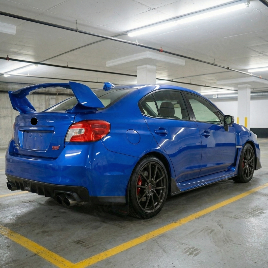 Race-inspired black side spoilers on a modified Subaru WRX VA chassis
