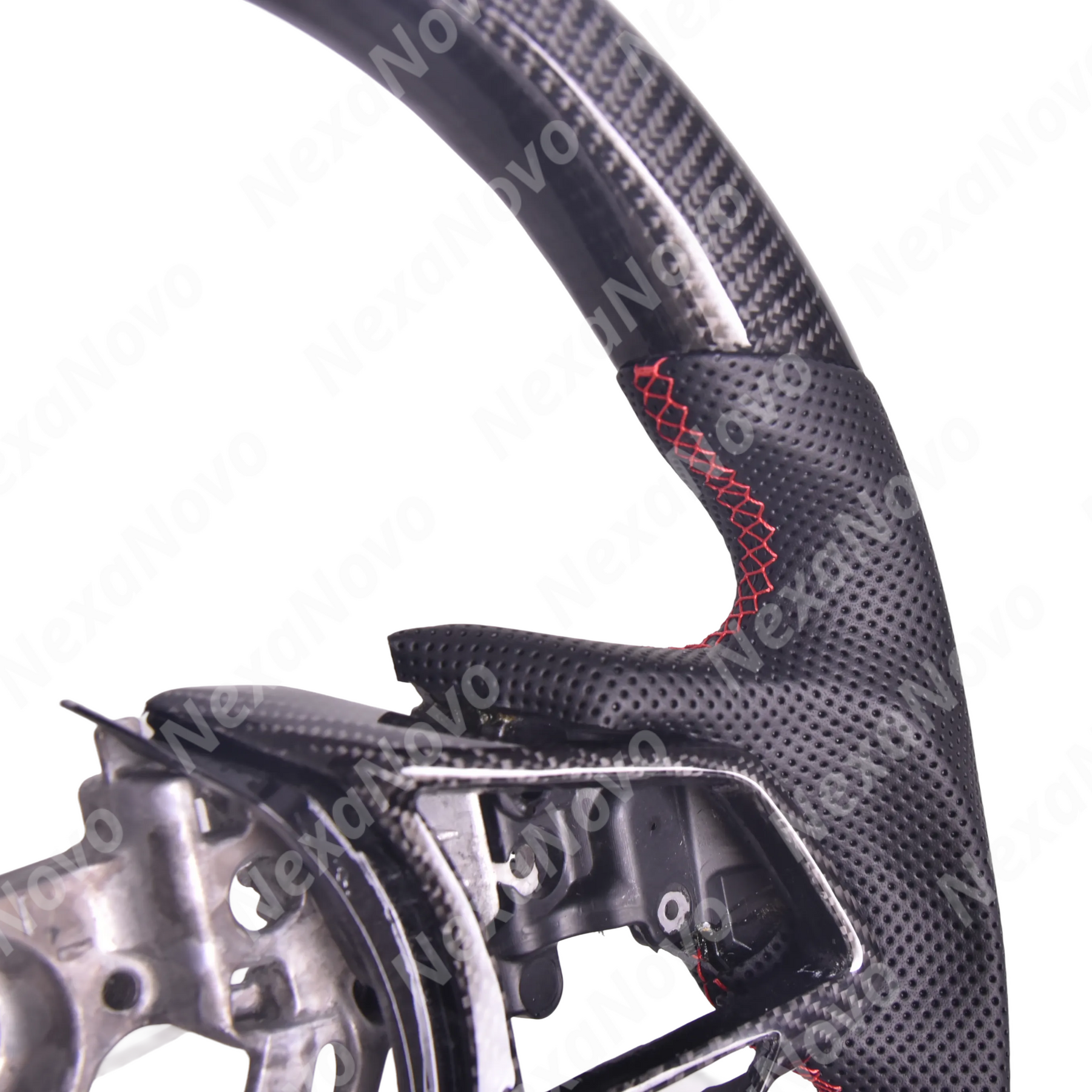 Direct front driver perspective highlighting the D-cut flat-bottom racing shape and red 12 o'clock center alignment line on a WRX