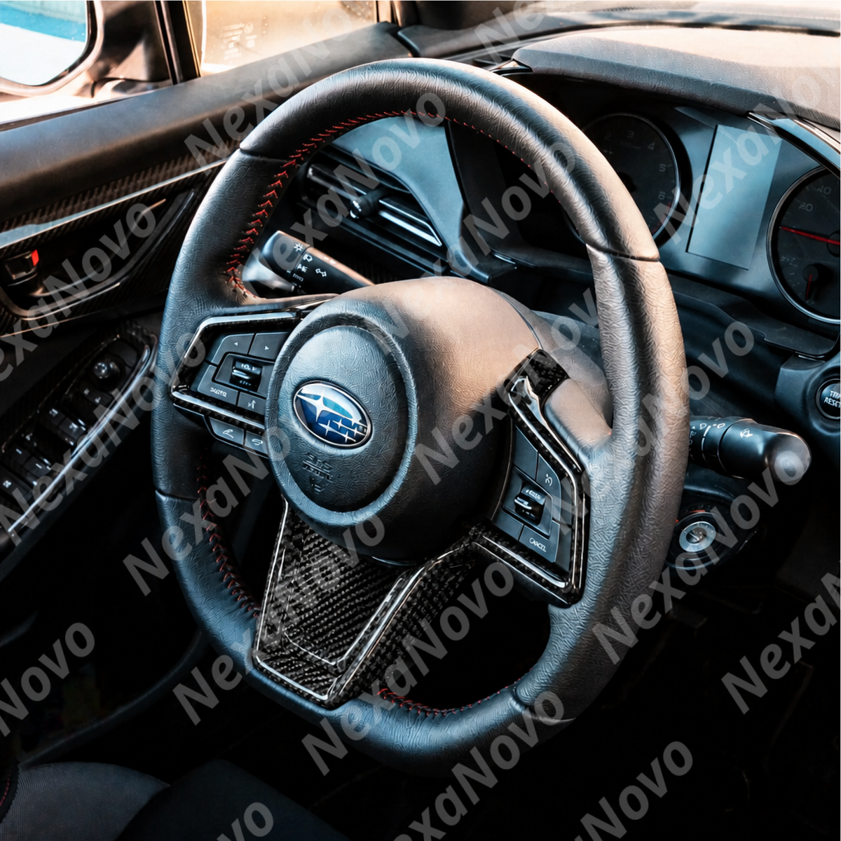 Wide-angle interior shot displaying the gloss carbon fiber wheel integrating with the modern WRX dashboard and 11.6-inch tablet display