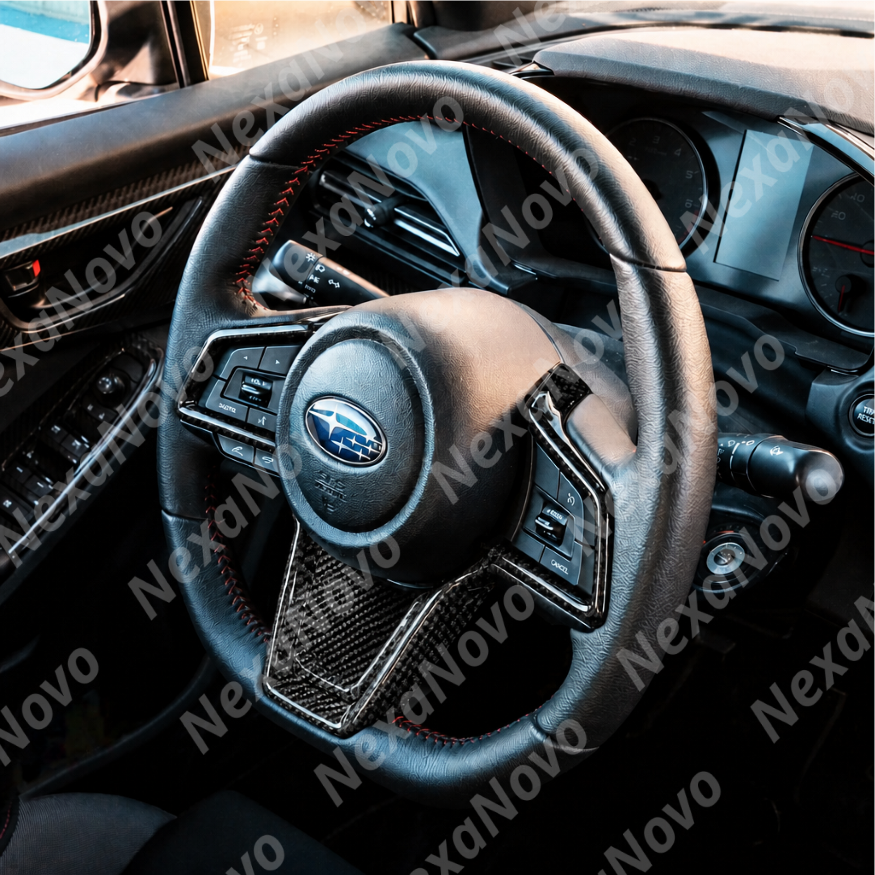 Wide-angle interior shot displaying the gloss carbon fiber wheel integrating with the modern WRX dashboard and 11.6-inch tablet display