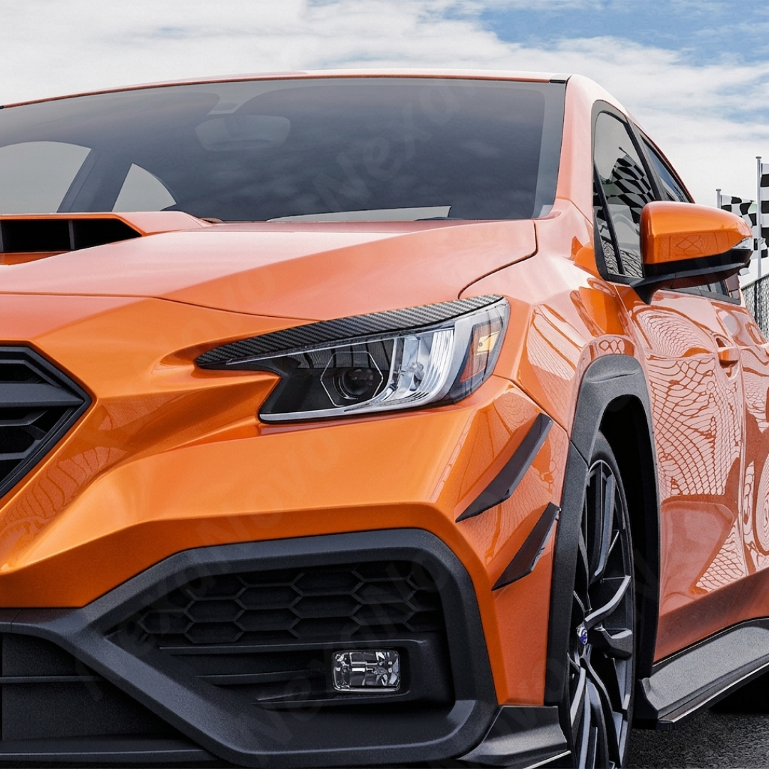 Aggressive carbon print headlight accent trim installed on a 2023 Subaru WRX VB