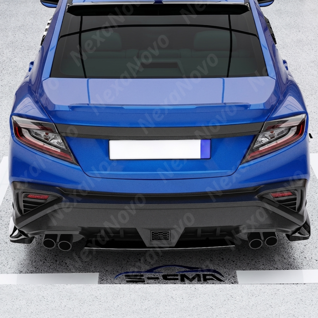 Sporty carbon fiber print spats providing a race-inspired look on a World Rally Blue Subaru VB