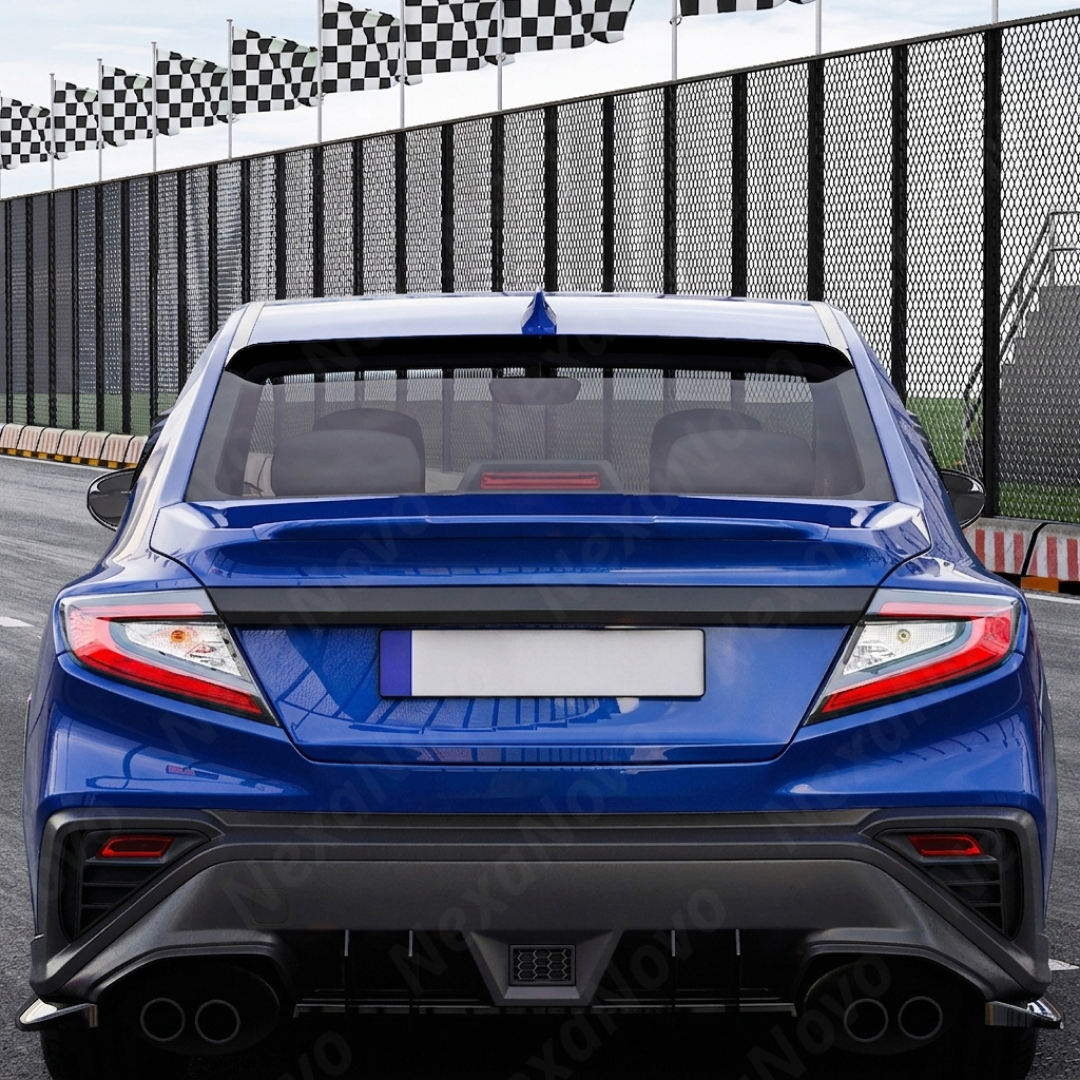 Aggressive carbon print rear window spoiler installed on a 2023 Subaru WRX VB