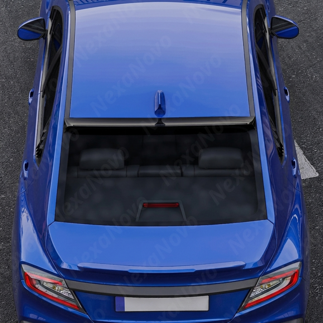 Sporty carbon fiber print visor providing a race-inspired look on a World Rally Blue Subaru VB