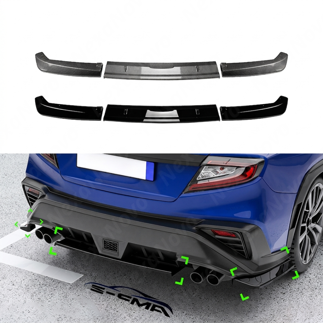 Aggressive carbon print STI style rear diffuser installed on a 2023 Subaru WRX VB