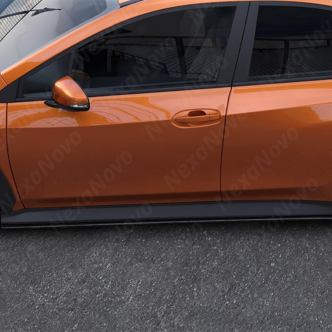 Showing the reflective UV-resistant high-gloss top coat on the carbon print side skirt set